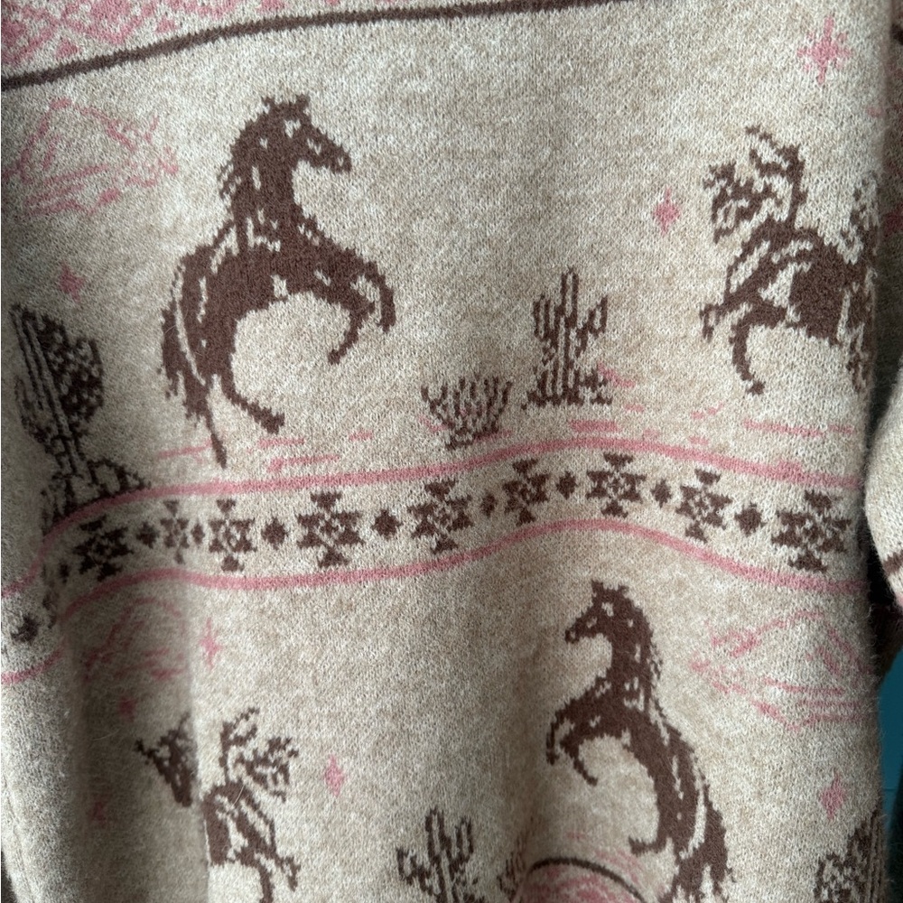 New’n Ride Away Western Horse Sweater Tan Pink Southwestern Cozy Knit - Medium - Picture 2 of 7